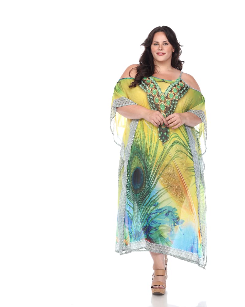 Front of a model wearing a size One Size Sheer Caftan Maxi Dress in Peacock Feather by White Mark. | dia_product_style_image_id:257744
